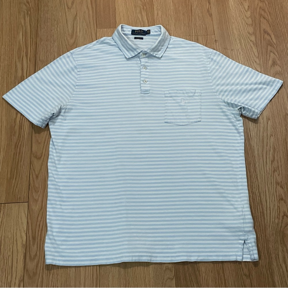 Ralph Lauren Men’s Large Polo Shirt Front Pocket Light Blue Striped Preppy Golf